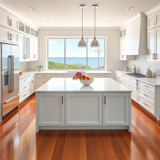 Home remodeling project in Vero Beach FL features a modern kitchen with white cabinetry, marble countertops, and ocean views.