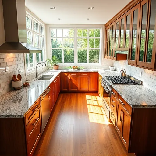 Renovated River Park FL kitchen with sleek granite countertops stainless steel appliances custom wood cabinets hardwood floors and garden view