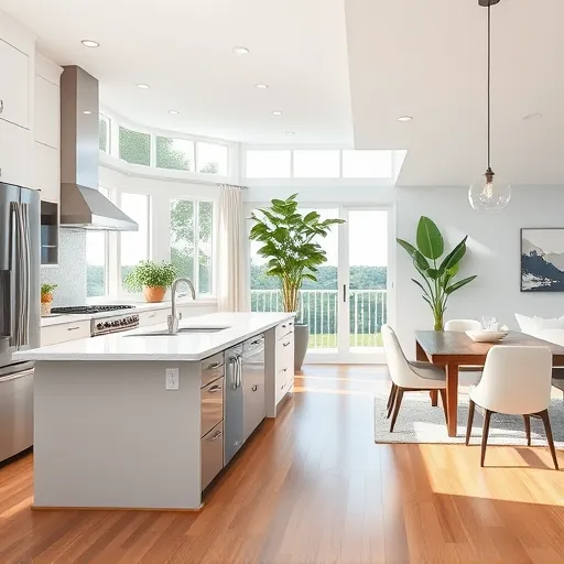 Modern kitchen in Hobe Sound FL with quartz countertops, stainless steel appliances, and open-concept living space.