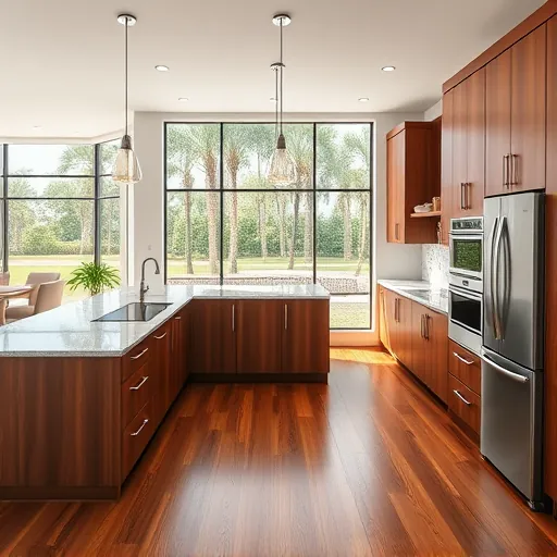 Modern upgraded kitchen in Indiantown FL featuring sleek wood cabinets granite countertops stainless steel appliances central island with cooktop pendant lighting large windows lush greenery hardwood floors minimalist decor