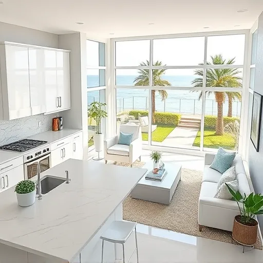 Renovated kitchen and living area in Riviera Beach, featuring modern cabinetry, quartz countertops, and beachside views.