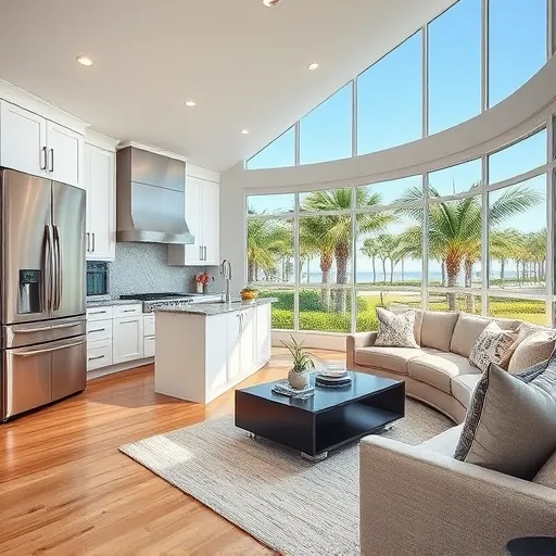 Modern kitchen and living area in Jensen Beach remodel featuring stainless appliances, white cabinets, and tropical garden views.