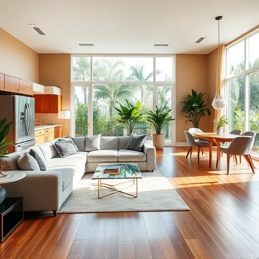 Elegant modern living room in Boynton Beach featuring plush gray sofa, glass coffee table, and stylish wooden flooring.
