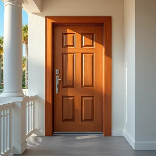 Newly installed wooden front door in a sunny Port St. Lucie Florida home with lush greenery and Florida-style architecture