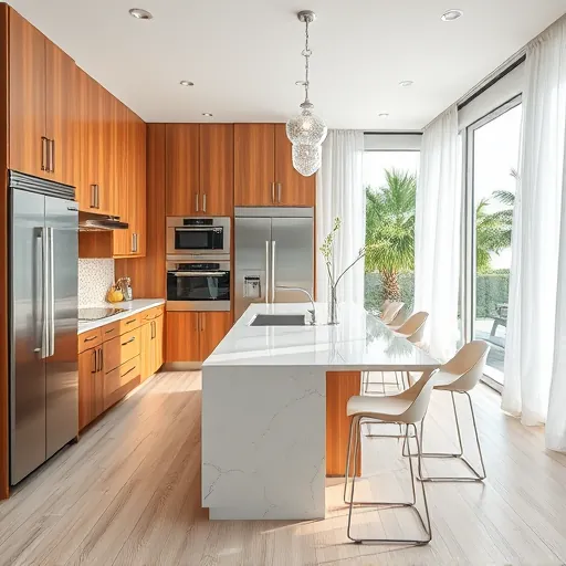Remodeled West Palm Beach kitchen with modern glossy cabinets, white quartz countertops, wooden accents, stainless appliances, and large windows