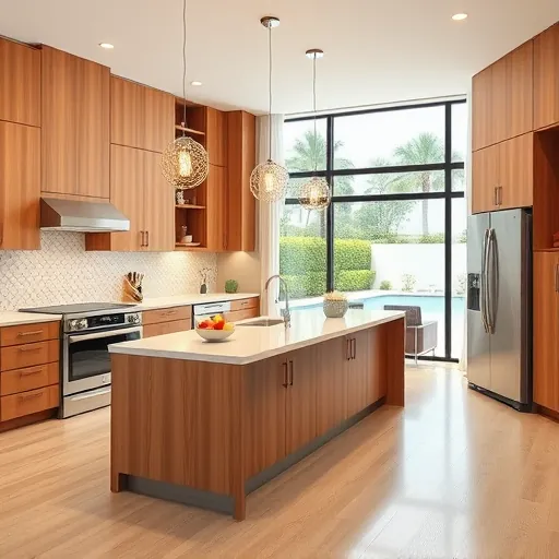 Renovated modern kitchen in Manalapan Florida featuring warm wood cabinets quartz countertops large island stainless steel appliances mosaic backsplash hardwood floors abundant natural light outdoor view