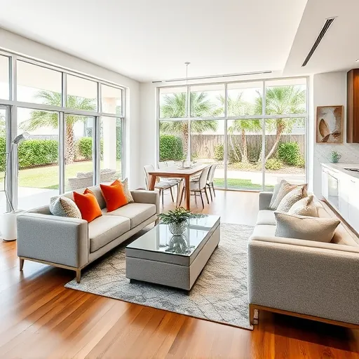 Modern living room in Port St. Lucie, FL with large windows, neutral tones, vibrant accents, and a renovated kitchen.