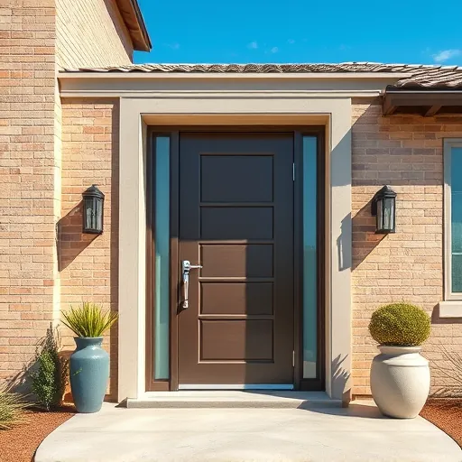 Modern front door with polished trim, stylish hardware, and welcoming outdoor decor in a bright sunny residential setting