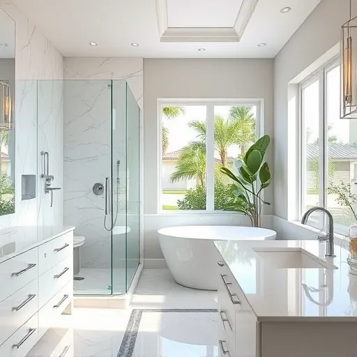 Renovated Port St. Lucie bathroom with modern fixtures, white marble countertops, walk-in shower, freestanding tub, and coastal decor