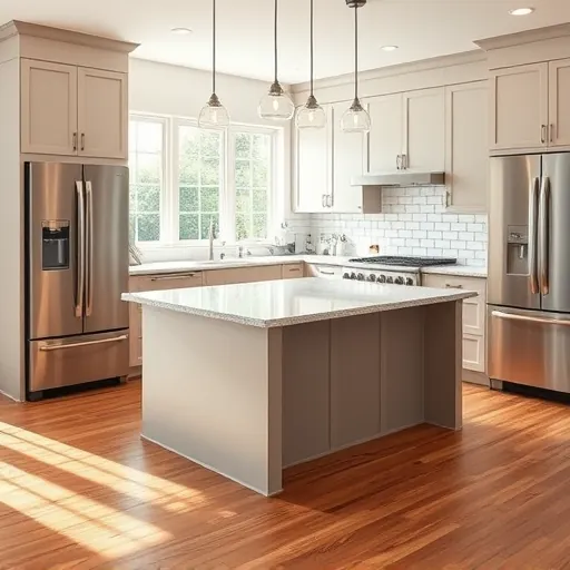 Renovated Jensen Beach FL kitchen with modern matte cabinets granite island stainless appliances hardwood floors and natural light