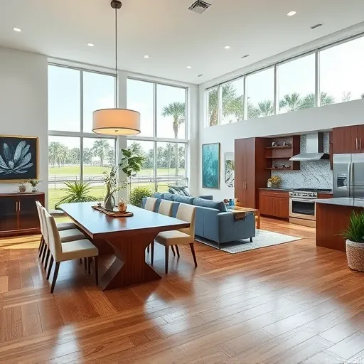 Modern open-concept living space in Lake Clarke Shores FL featuring stylish furnishings, a cozy dining area, and natural light.