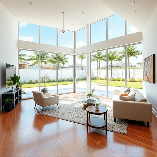 Recently finished modern room addition in Port St. Lucie FL with large windows, hardwood floors, and tropical backyard views