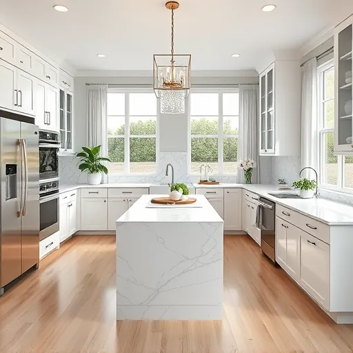 Newly remodeled kitchen in Indian River Shores featuring white marble countertops, modern appliances, and warm lighting.