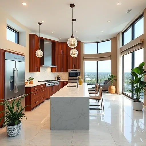 Completed modern kitchen remodel in North Palm Beach with quartz countertops, wood cabinets, and natural light accents.