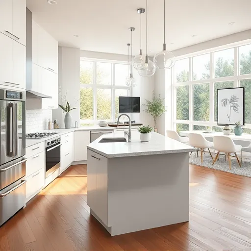 Renovated modern kitchen with quartz countertops matte white cabinets stainless steel appliances marble island large windows hardwood floors