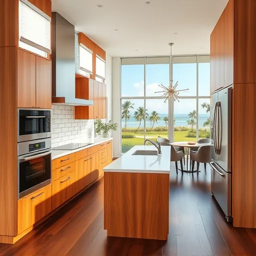 Newly renovated St. Lucie Village kitchen features warm wood cabinetry, quartz countertops, stainless steel appliances, and natural light.