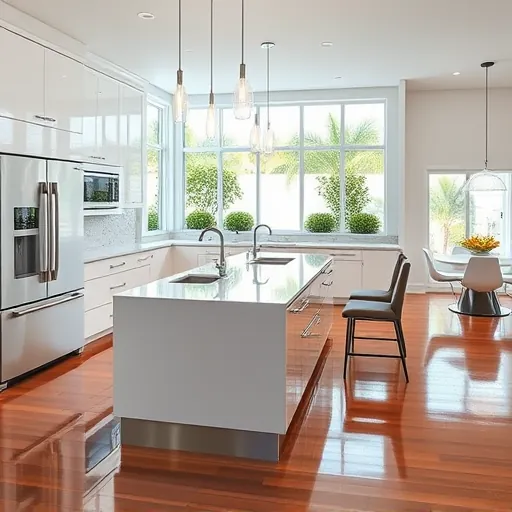 Recently renovated Palm Beach Gardens kitchen with glossy white cabinets, stainless steel appliances, quartz island and tropical garden view