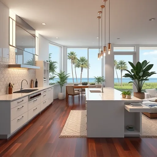 Modern kitchen remodel in Singer Island FL featuring sleek cabinetry, large island, natural light, and stylish decor.