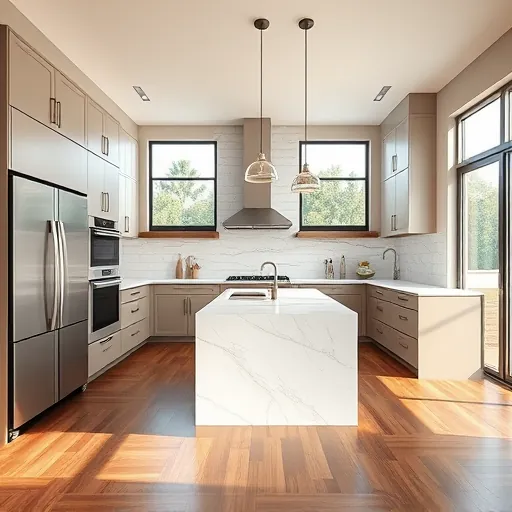 Beautiful modern kitchen in Lake Park FL with sleek cabinetry, quartz countertops, stainless appliances, hardwood floors, and natural light