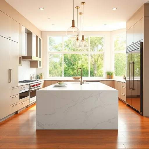 Modern kitchen in Hypoluxo FL with sleek matte cabinets stainless steel appliances quartz island hardwood floor lush greenery sunlight