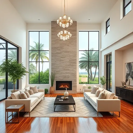 Elegant living room in Palm Beach Gardens with high ceilings, modern furnishings, a sleek fireplace, and scenic views.