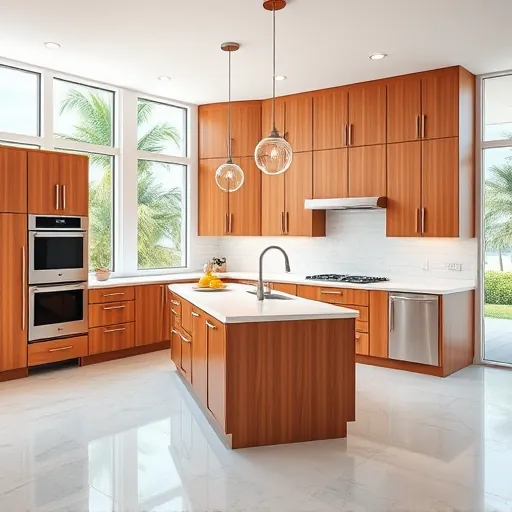 Modern Treasure Coast kitchen with wood cabinetry quartz countertops stainless steel appliances large windows tropical landscape
