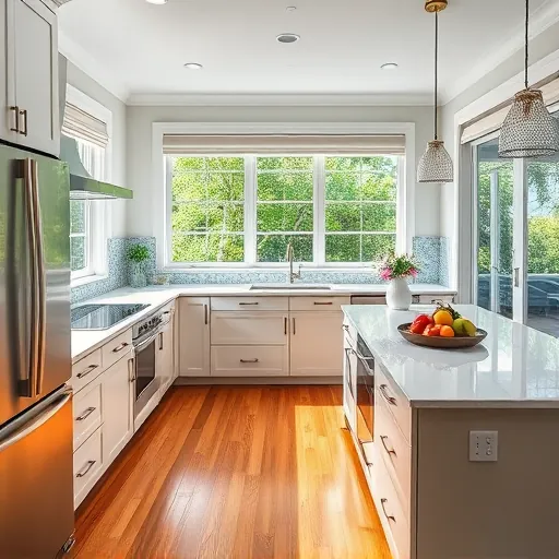 Modern Vero Beach kitchen remodel featuring stainless steel appliances, quartz countertops, and sea glass tile backsplash.