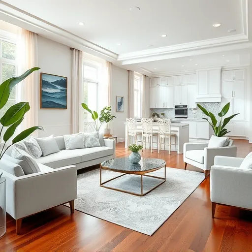 Modern living room in Palm Beach Gardens, FL, featuring soft colors, high-end furniture, and open kitchen design.