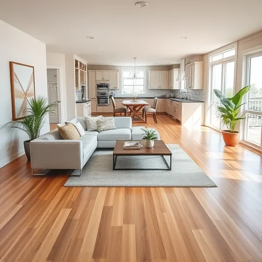 Renovated living room in Fort Pierce, FL with hardwood floors, large windows, chic decor, and open-concept kitchen.