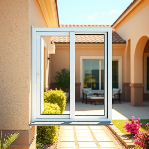 Freshly installed modern window with clear glass, sleek frame, stucco wall, sunny outdoor scene, showcasing home improvement.