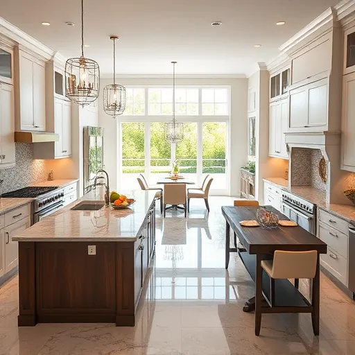 Renovated kitchen in Indian River Shores FL with modern cabinetry, granite island, stainless appliances, and elegant lighting.