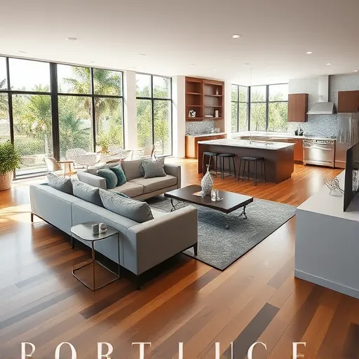 Modern renovated interior of a Port St. Lucie home featuring a spacious living room, stylish decor, and an open kitchen.