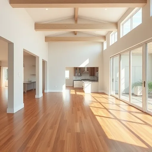Spacious open-concept home interior after load-bearing wall removal with drywall, wood beams, large windows, and hardwood floors