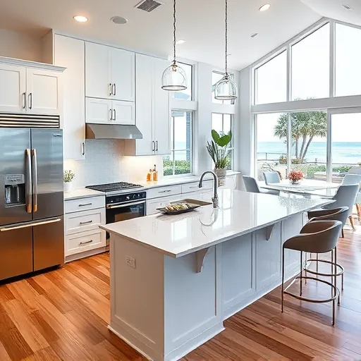 Modern remodeled Singer Island kitchen with glossy white cabinets stainless steel appliances marble island hardwood flooring coastal view