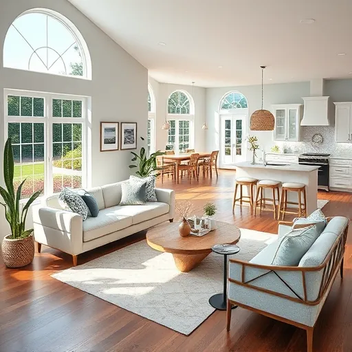 Inviting living room in remodeled home in Sebastian FL featuring coastal decor, large windows, and natural light.