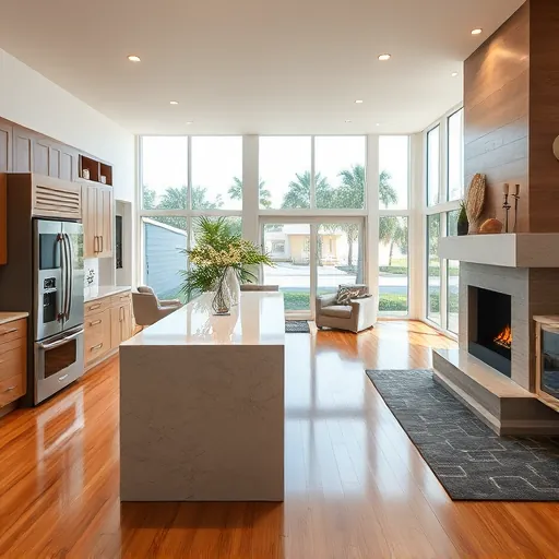 Modern kitchen with stainless steel appliances, quartz island, custom cabinetry, and open living area in Treasure Coast FL.