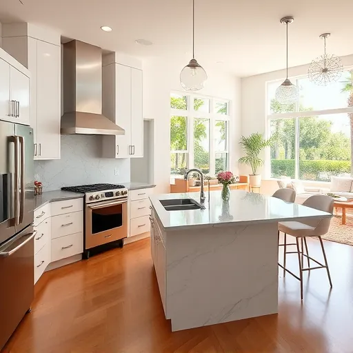 Remodeled kitchen in Riviera Beach, FL with modern cabinetry, marble countertops, and stainless steel appliances.