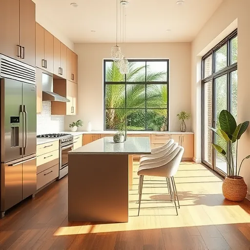 Renovated Sebastian Florida kitchen with modern matte cabinets, stainless steel appliances, quartz countertops, island, subway tile backsplash, tropical garden views, wood-look flooring, and stylish decor