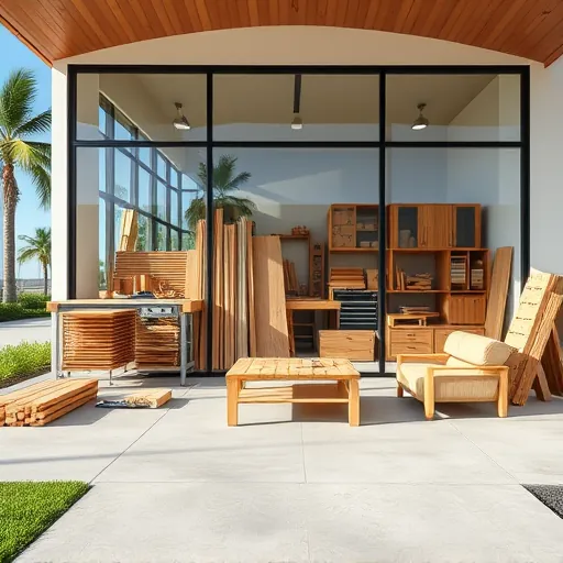 Modern carpentry workshop in Port St. Lucie Florida with large glass windows, woodworking tools, fresh wood, and crafted furniture