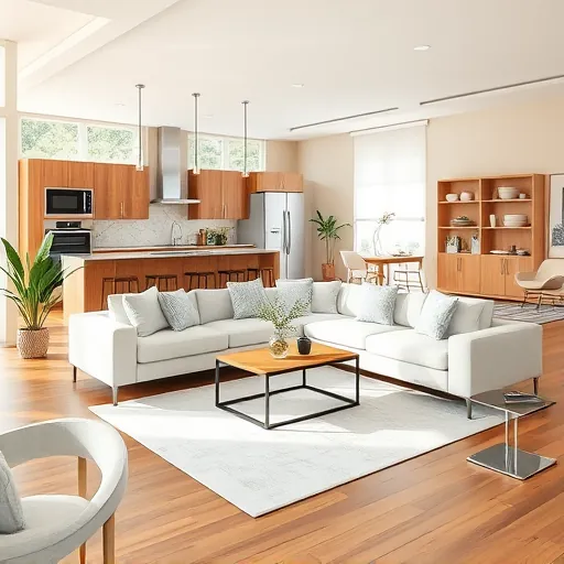 Modern living room remodel in Briny Breezes FL features elegant sofa, large windows, and a stylish kitchen.