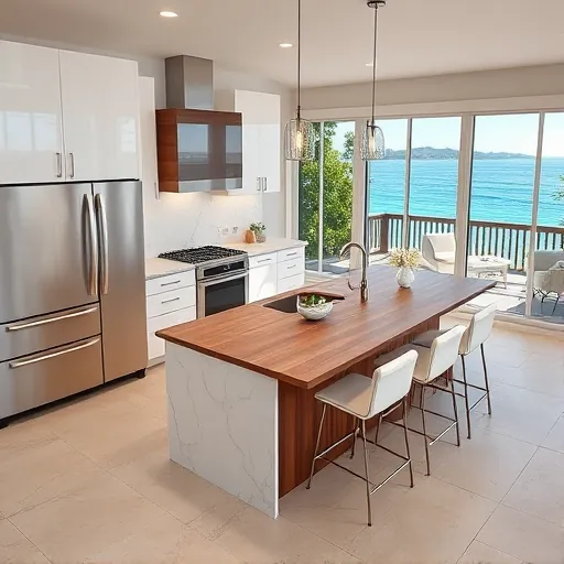 Remodeled Ocean Ridge Florida kitchen with quartz countertops, stainless steel appliances, large island, and ocean views