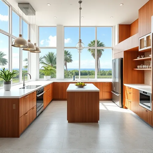 Renovated Jupiter Florida kitchen with quartz counters stainless steel appliances custom wood cabinetry and tropical views
