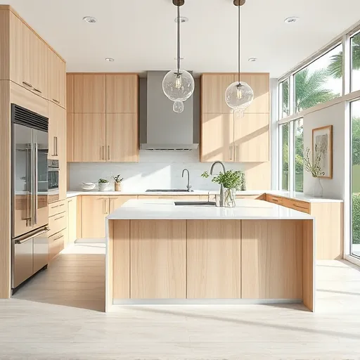 Modern Juno Beach kitchen with natural wood cabinets stainless steel appliances quartz island lush greenery sunlight ceramic flooring