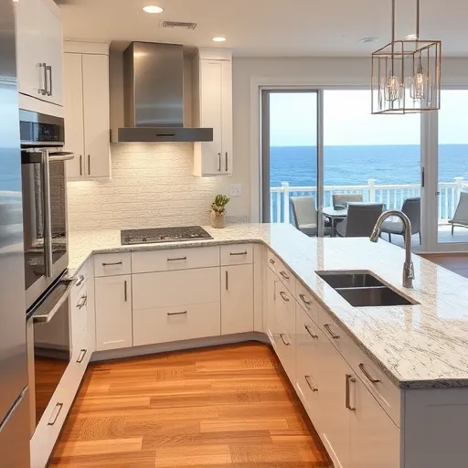Remodeled Singer Island Florida kitchen with sleek white cabinetry, granite counters, ocean views, and modern appliances