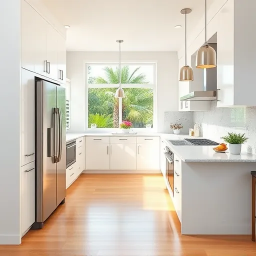 Beautiful renovated Vero Beach kitchen with white cabinets, granite countertops, nautical tiles, stainless steel appliances, tropical garden views