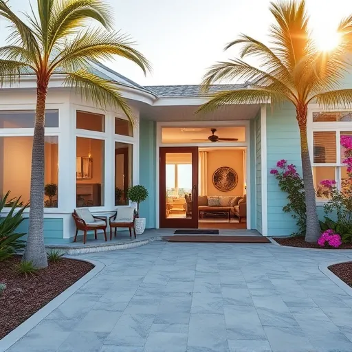 Completed home remodel in Sewall's Point FL with modern coastal style, light blue façade, large windows, and tropical landscaping.
