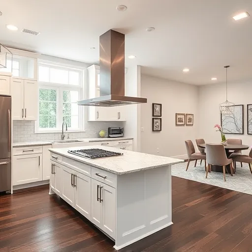 Beautiful white city kitchen with sleek cabinets, granite island, stainless steel appliances, hardwood floors, and modern decor