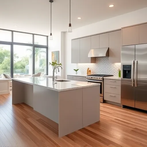 Recently remodeled West Palm Beach kitchen with sleek modern cabinetry stainless steel appliances granite island hardwood floors natural light