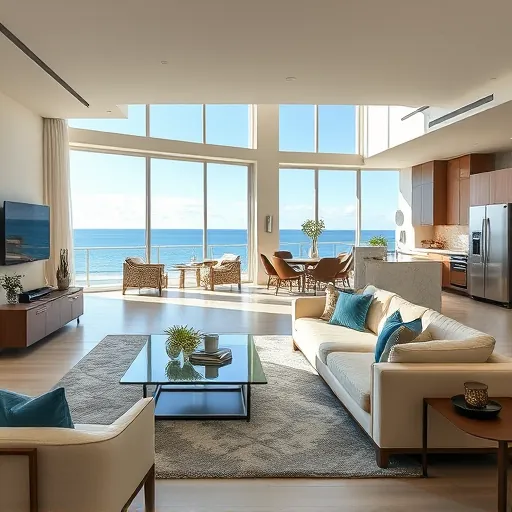 Elegant modern living room in Singer Island, FL with ocean views, soft colors, and stylish furnishings, perfect for remodeling inspiration.