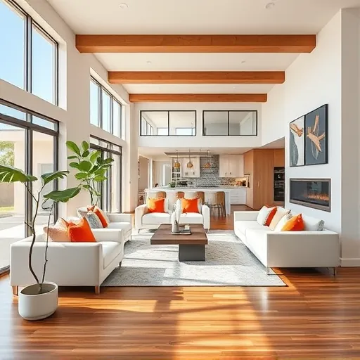 Modern living room remodel in Palm Springs featuring contemporary furniture, hardwood floors, and gourmet kitchen.